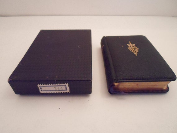 Art Deco Black Polish Language Communion Prayer Book in Original Box Leather Bound Gold Leaf Pages Crucifix inside Dated 1934 hand written