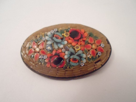 Italian Mosaic Brooch Pin Vivid Flowers Detailed Hand Made Bouquet Antique 1910 missing a few beads