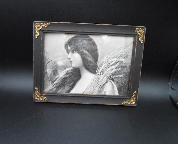 Antique Art Nouveau Woman with Thrush of Wheat Flowing Hair Wheat Field Gray toned Print Original Brass Trimmed Wood Frame Saint? Biblical?