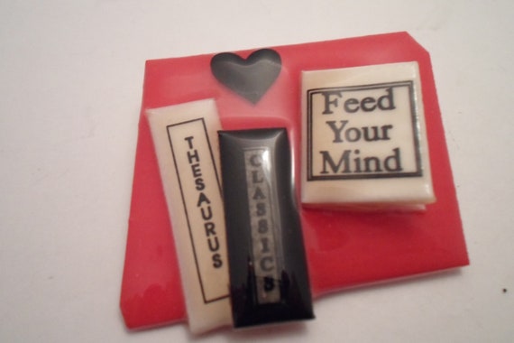 Vintage Adorable Laminated Book Pin Feed Your Mind with Classic & Thesaurus books Holiday Ready Stocking Stuffer