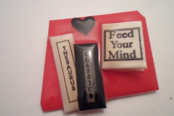 Vintage Book Pin Brooch Feed Your Mind Classic & Thesaurus books Teacher Education pro book