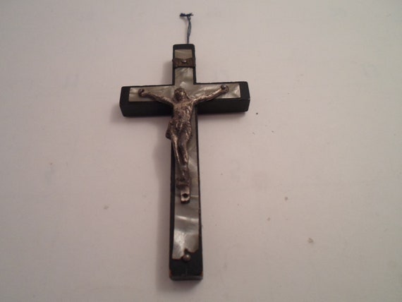 Antique Art Deco Wood and Mother of Pearl Convent Nun Cross Crucifix 4"l BoHo Chic Collector Item Shabby Chic