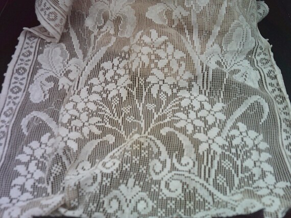 Antique Lace Scarf Runner: Irises, Roses, Foliage Floral Design (13"x38")