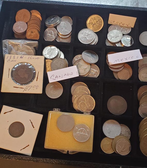 Vintage Coins Mostly Canadian plus Israeli Mexican and Miscellaneous Unresearched Lot as found