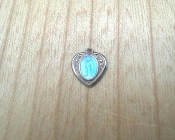 Vintage Tiny Miraculous Medal Miniature Heart Blue Enamel Adorable Size.