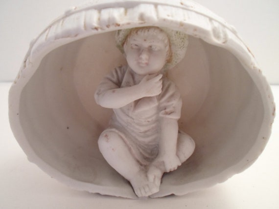 Antique Victorian Edwardian Bisque Baby in a Barrel Rare and Detailed Tom Sawyer Child with Straw Hat Cottage Decor Baby Room