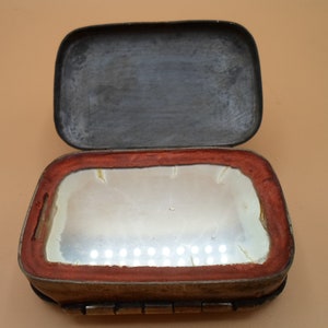 Antique Signed Brass Rare Table Snuff Box Sailor&#39;s Weighted non tip Med Box Bi fold with Mirror Scarce