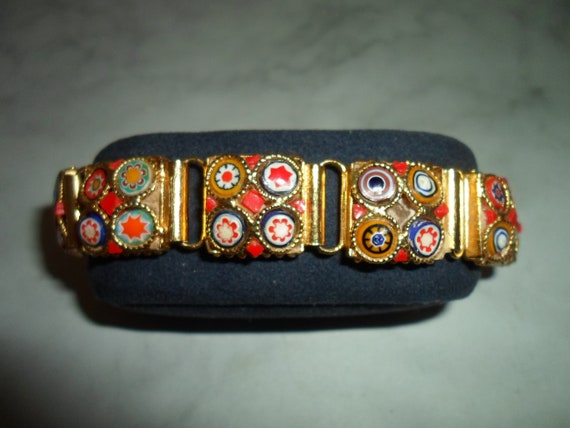 Vintage Bracelet Mosaic Painted Tiles Floral Gold Tone Panels As Is