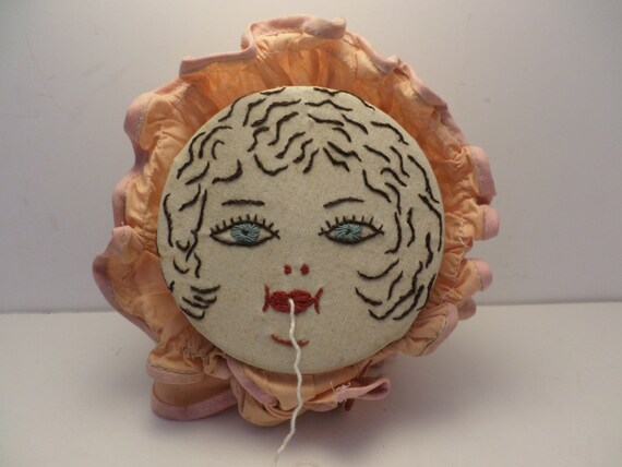 Darling Antique/vintage 30's handmade string holder girly face oatmeal box
