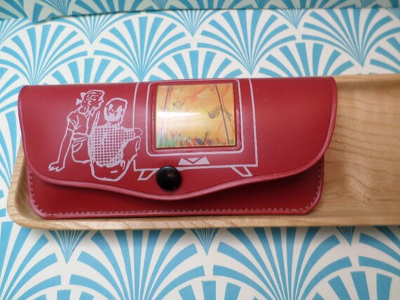Vintage 50's Childrens eyeglass case red vinyl with kids watching TV Blinky circus Hammond Indiana