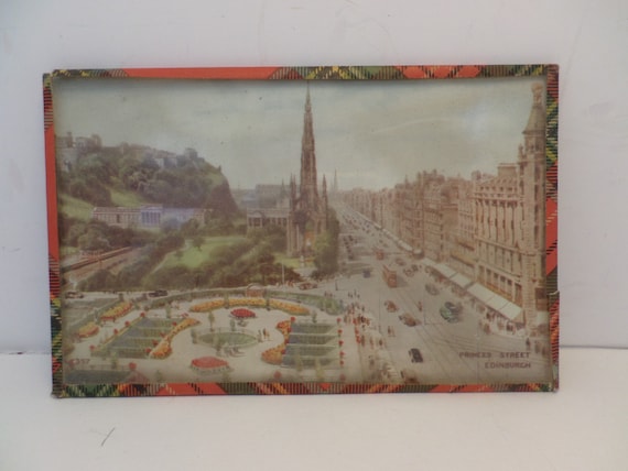 Vintage Edinburgh Princes Street Scotland glass postcard plaid piping 50's