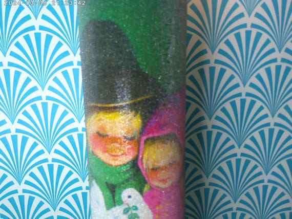 Vintage 1960's-70's sugared cylinder candle never lit once retro blonde boy and girl with peace dove groovy Christmas