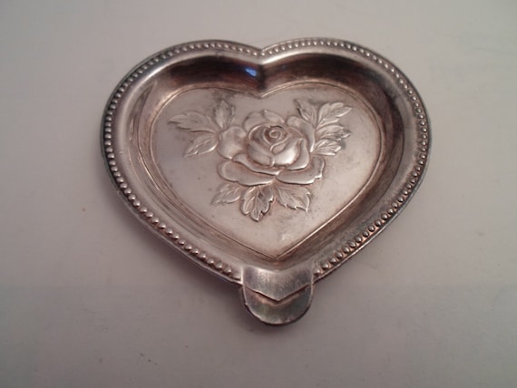 Antique Made In Occupied Japan Silverplate Heart Rose Teaspoon Tray Detailed Design Cottage Garden Chic USA Occupation of Japan WWII