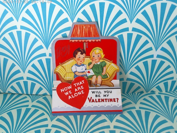 Vintage 1939 Valentine cutsie girl and boy on a couch Valentine's Day card Antique