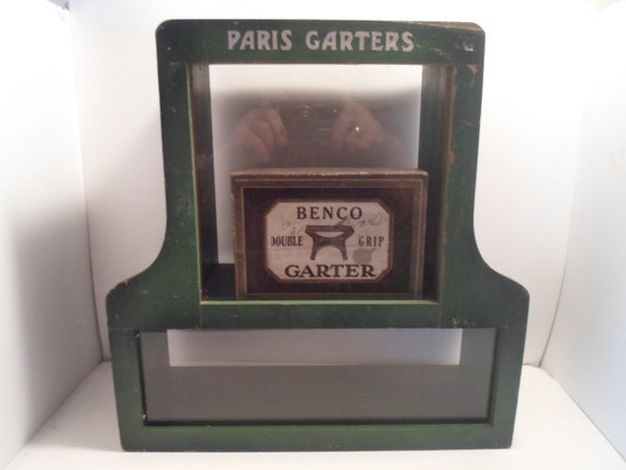 Antique Parisian Lingerie Shop Art Deco Paris Garters Display Case with a Garter Box Original Deco Green Paint Crisp Adorable Showcase