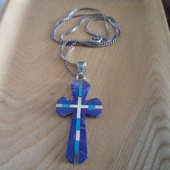 Vintage Sterling Silver Cross Pendant and Chain Turquoise Lapis and Sterling Inlay Mexico 80's