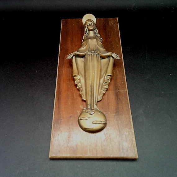 Vintage 60's Virgin Mary Blessed Mother Madona Lourdes Wooden Plaque Applied Figure Mary