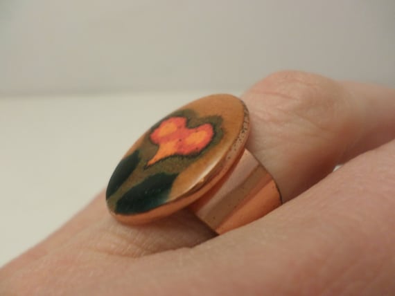 Vintage 70's abstract copper enameled ring owl, flowers Brasil