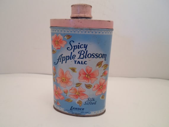 Vintage Antique Spicy Apple Blossom Talc Tin Lander Fifth Ave New York Advertising Cute Vanity Decor