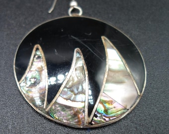 Vintage Alpaca Silver Single Earring: Abalone Shark Tooth, Black Enamel