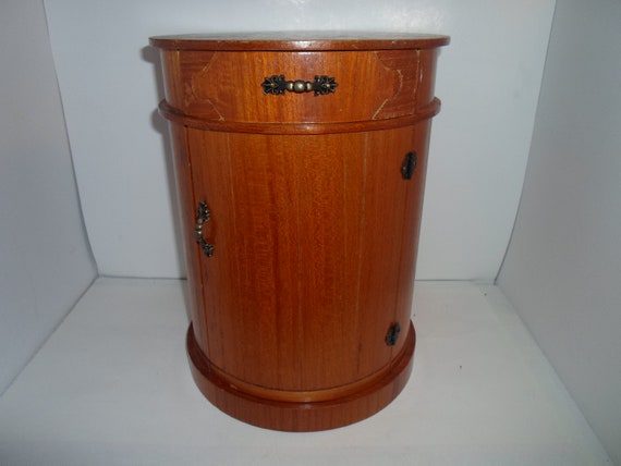 Vintage Fine Craftsmanship 1980's Round Wood Barrel Drawers Doors 12" tall 9" wide Functional Unusual Jewelry Box Desk Top Ready 26"around