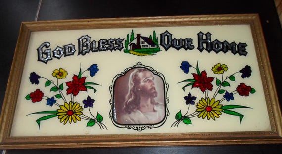 Vintage 1940's God Bless Our Home Wall Hanging Warner Sallman Head of Jesus Foil Reverse Paint Stylr