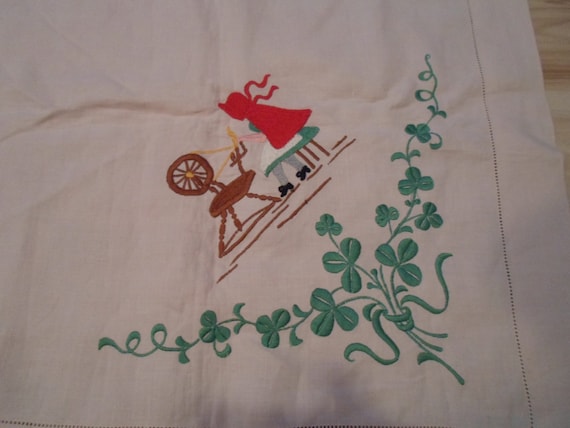 Vintage Embroidered Table Cloth Red Riding Hood Spinning Wheel Shamrocks 1940's