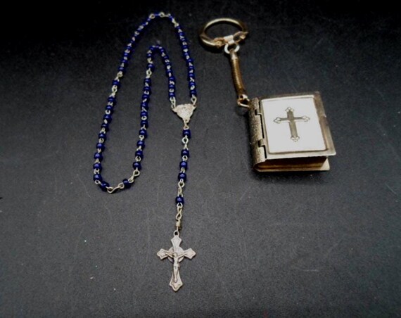 Vintage Mini Rosary in Book Bible Metal Case Glass Beads Rare Catholic Item