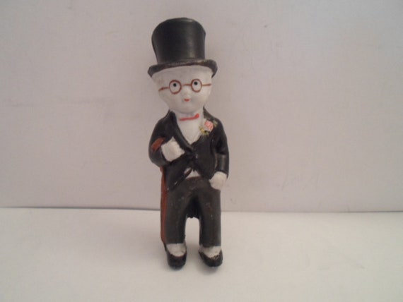 Art Deco Groom Cake Topper Top Hat Tails Round Glasses Chaplin Look Bisque 5" Guy Doll Wedding Bride Groom kids