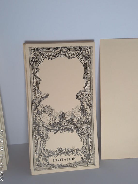 30 pc 4.5" by 8" tall French romantic black on cream card initiations and envelopes