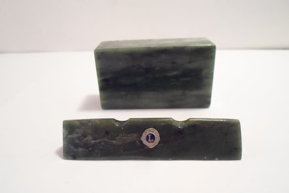 Mid Century Green Marble Paperweight & Pen Rest Lions Club Advertising Office Ready Desk Chic Beautiful Color Desk Set