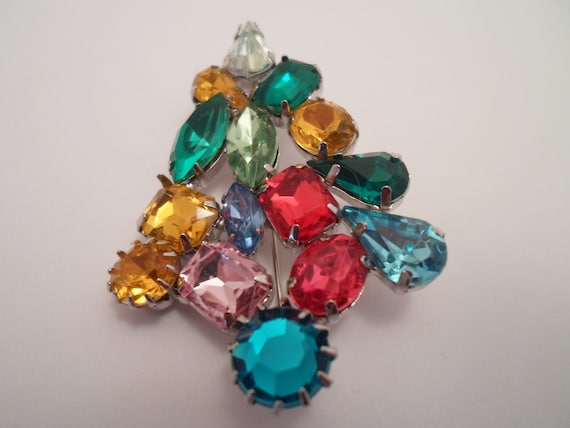 Vintage Haskell Holiday Rhinestone Christmas Tree Pin Brooch Abstract Design Miriam Haskell Designer Crystal Clear Color Rhinestone