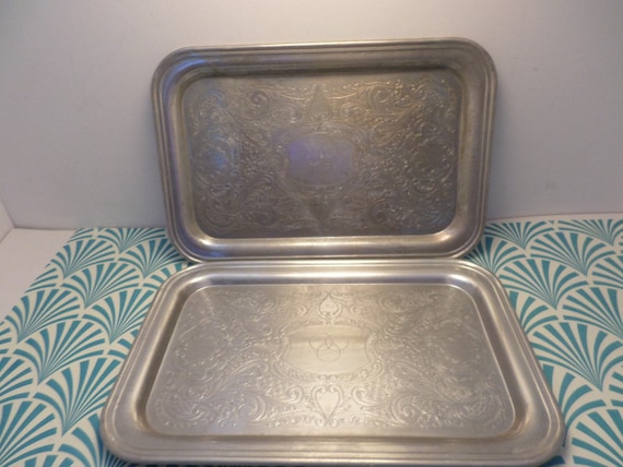 vintage 40's 2 6x9 drink snack trays aluminum 3 circles logo