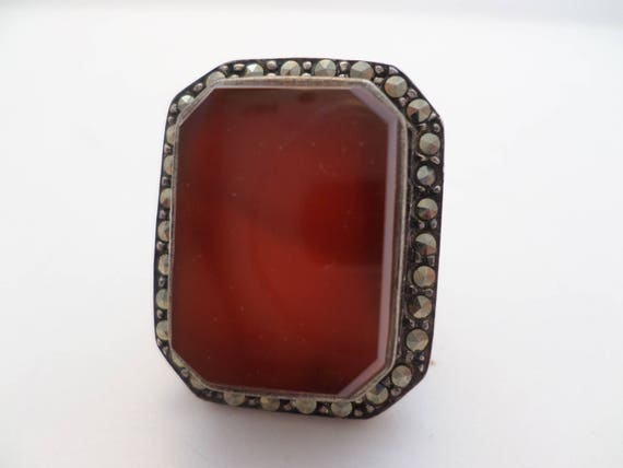 Vintage DECO sterling silver carnelion marcasite ring beveled piece fabulous!
