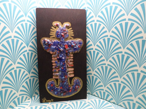 Vintage Mid-Century 60's-70's Thunderbird totem figure on board copper enamel folk art outsider art