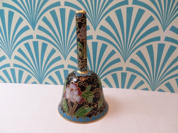 vintage 80's 3" cloisonné brass bell floral butterfly design turquoise, blues