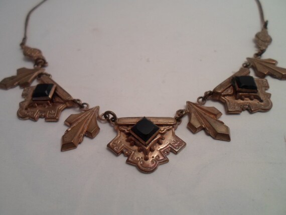 Antique Art Deco Necklace French Jet Black Stones Etched Gold Tone Brass Petals Faceted Stones Beautiful Victorian Likeness Design