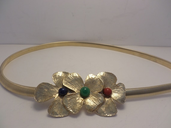70's vintage gold tone flower clasp belt coral blue green red stones USA MADE