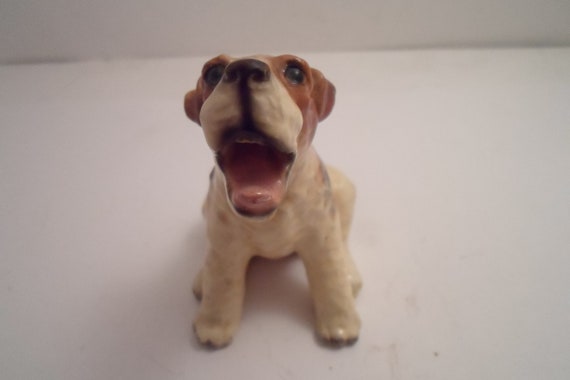 Vintage Morten's Studio Wire Haired Fox Terrier Dog Pup Yawning Tounge Out Adorable Pose Signed and Perfect