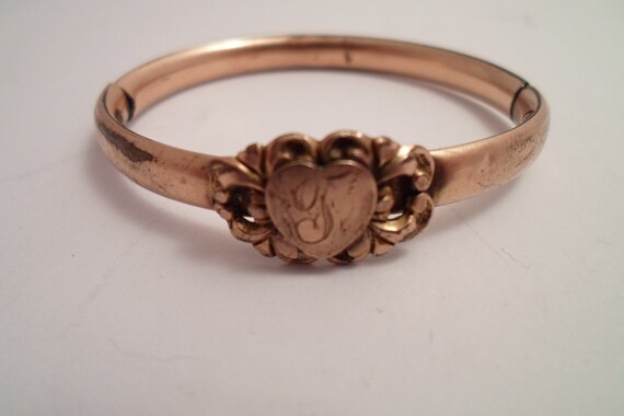 Antique Art Deco Rolled Gold Baby Child Bracelet Detailed Leaf Engravings 1.75" across Applied Carving and Heart Engraving