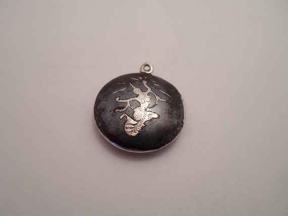 Vintage Sterling Siam Black Enamel Niello Dancer Round Pendant Charm