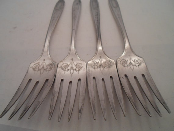 Vintage 4 Silver Salad Desert  6" Forks Delicately Engraved  Community Silverplate 1930's