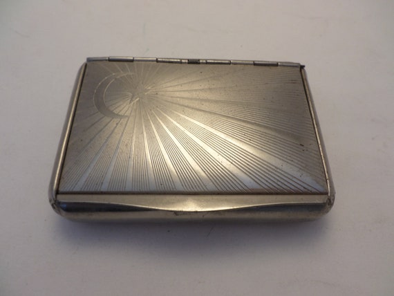 Vintage 1" high stainless steel cigarette box crescent star Art Deco Made in Germany