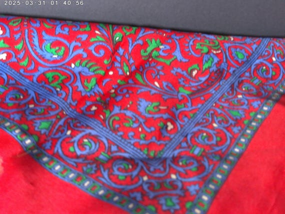 Vintage 80's Silk Scarf or Headwrap, Echo gem tone red, periwinkle blue, emerald paisley type