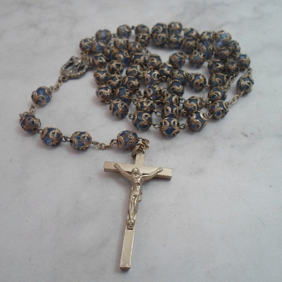 Vintage Rosary Crystal Blue Beads Encased in Scalloped Silver Tone metal work 1960's