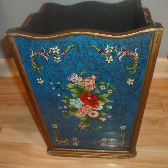 Antique Vintage Reverse Painting on Glass Gold Foil Box Planter Absolutely Stunning Colors Wood Base Glass Panels Shabby Chic Cottage
