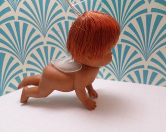 Rare vintage 60's rubber baby angel Christmas ornament red hair blue eyelashes sun bunny Kamar Japan