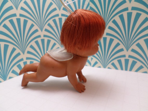 Rare vintage 60's rubber baby angel Christmas ornament red hair blue eyelashes sun bunny Kamar Japan