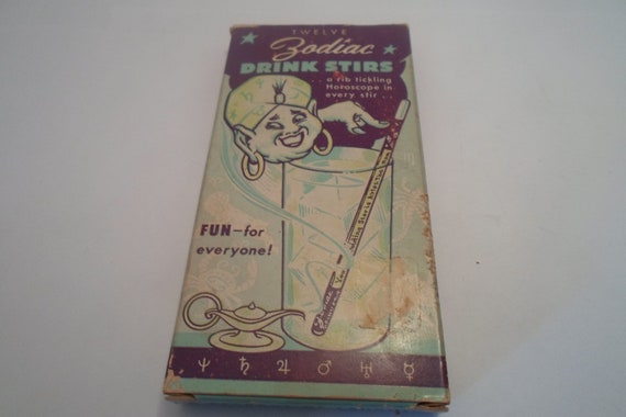 Art Deco Zodiac Glass Drink Stirs Horoscope in Orginal Box Ever Wear co. Lake Geneva Wisconsin 11 in box