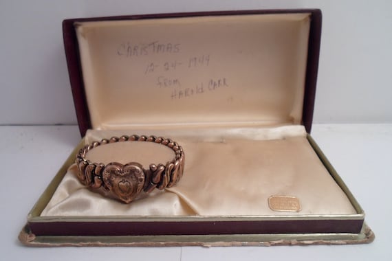 Antique Art Deco Gold Filled Expandable Engraved Heart Bracelet needs tiny repair 1944 Christmas Gift in Hand Written Note on Box Chic